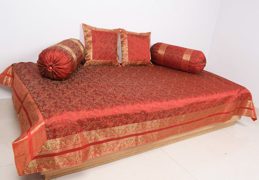 Red Banarasi Diwan Set– Silk Zari Brocade Indian Gift Cushions & Bolster Cover