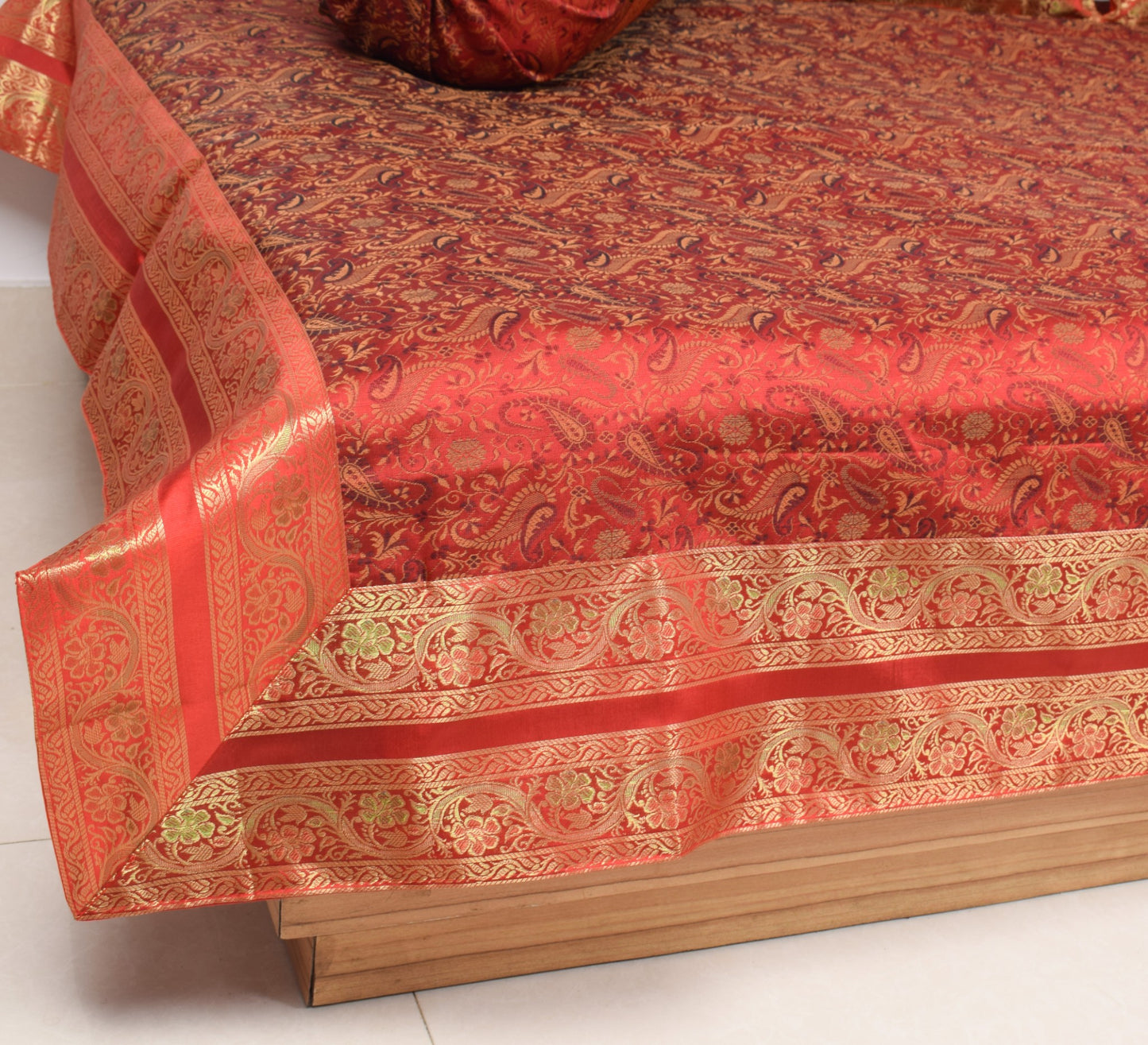 Red Banarasi Diwan Set– Silk Zari Brocade Indian Gift Cushions & Bolster Cover