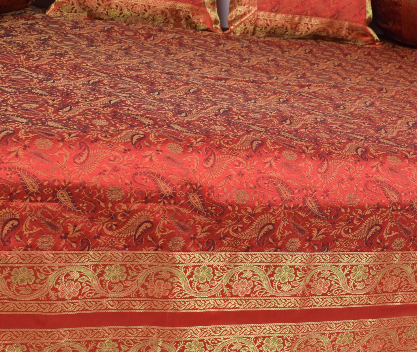 Red Banarasi Diwan Set– Silk Zari Brocade Indian Gift Cushions & Bolster Cover
