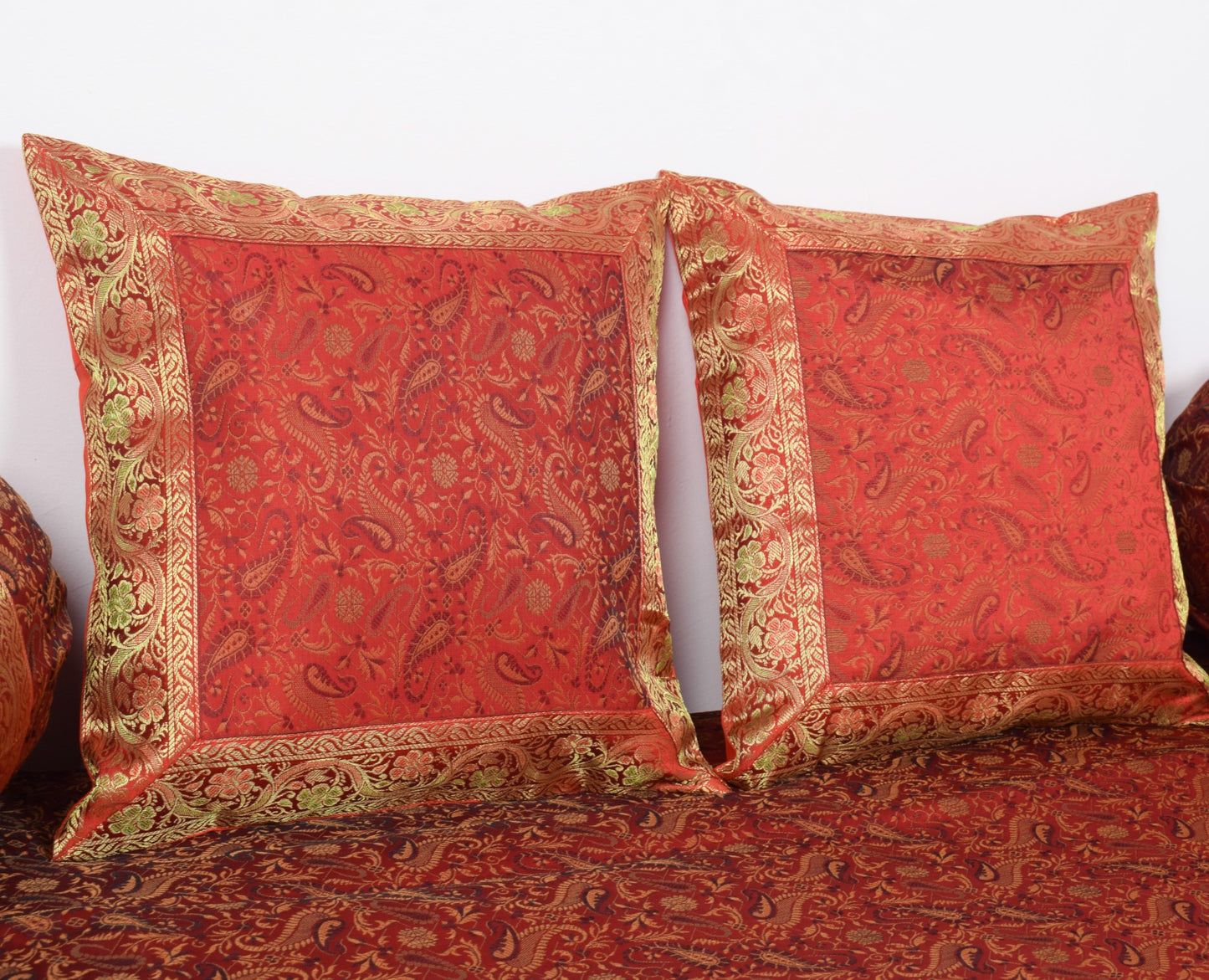 Red Banarasi Diwan Set– Silk Zari Brocade Indian Gift Cushions & Bolster Cover