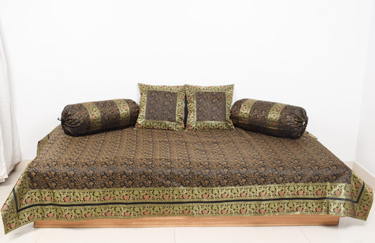Banarasi Diwan Set Black Silk Zari Brocade Indian Gift Cushion & Bolster Cover