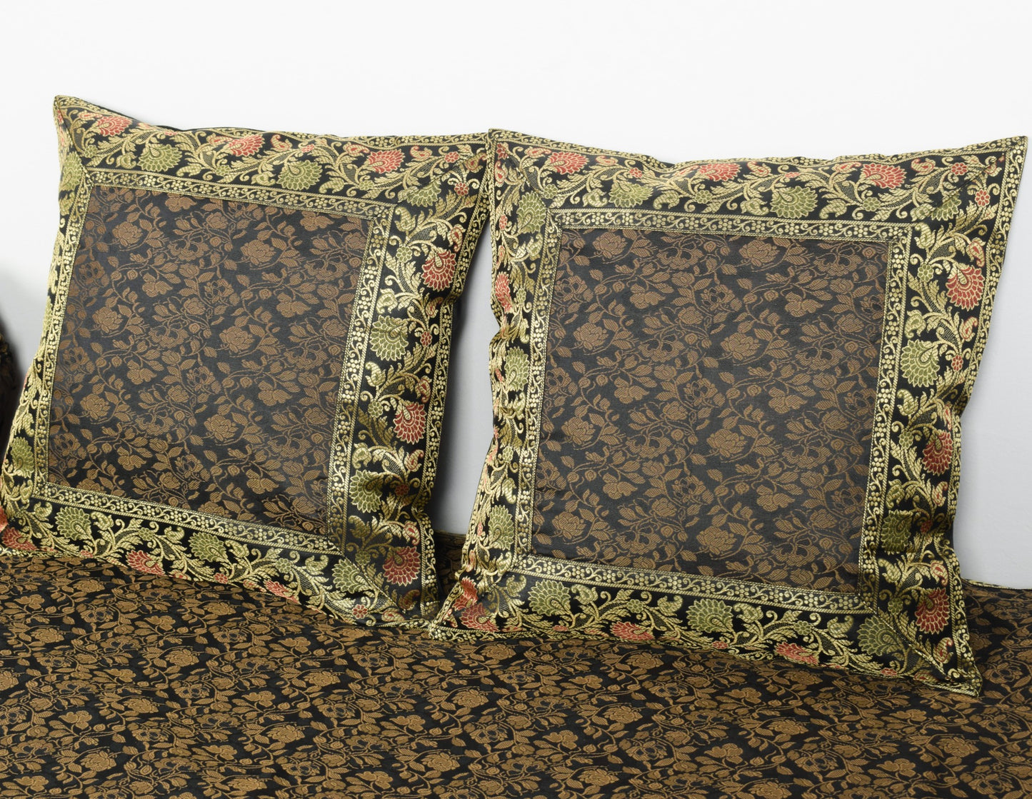 Banarasi Diwan Set Black Silk Zari Brocade Indian Gift Cushion & Bolster Cover