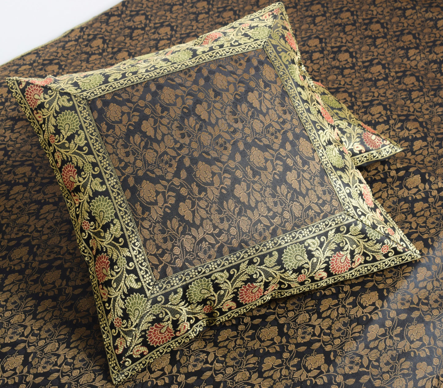 Banarasi Diwan Set Black Silk Zari Brocade Indian Gift Cushion & Bolster Cover
