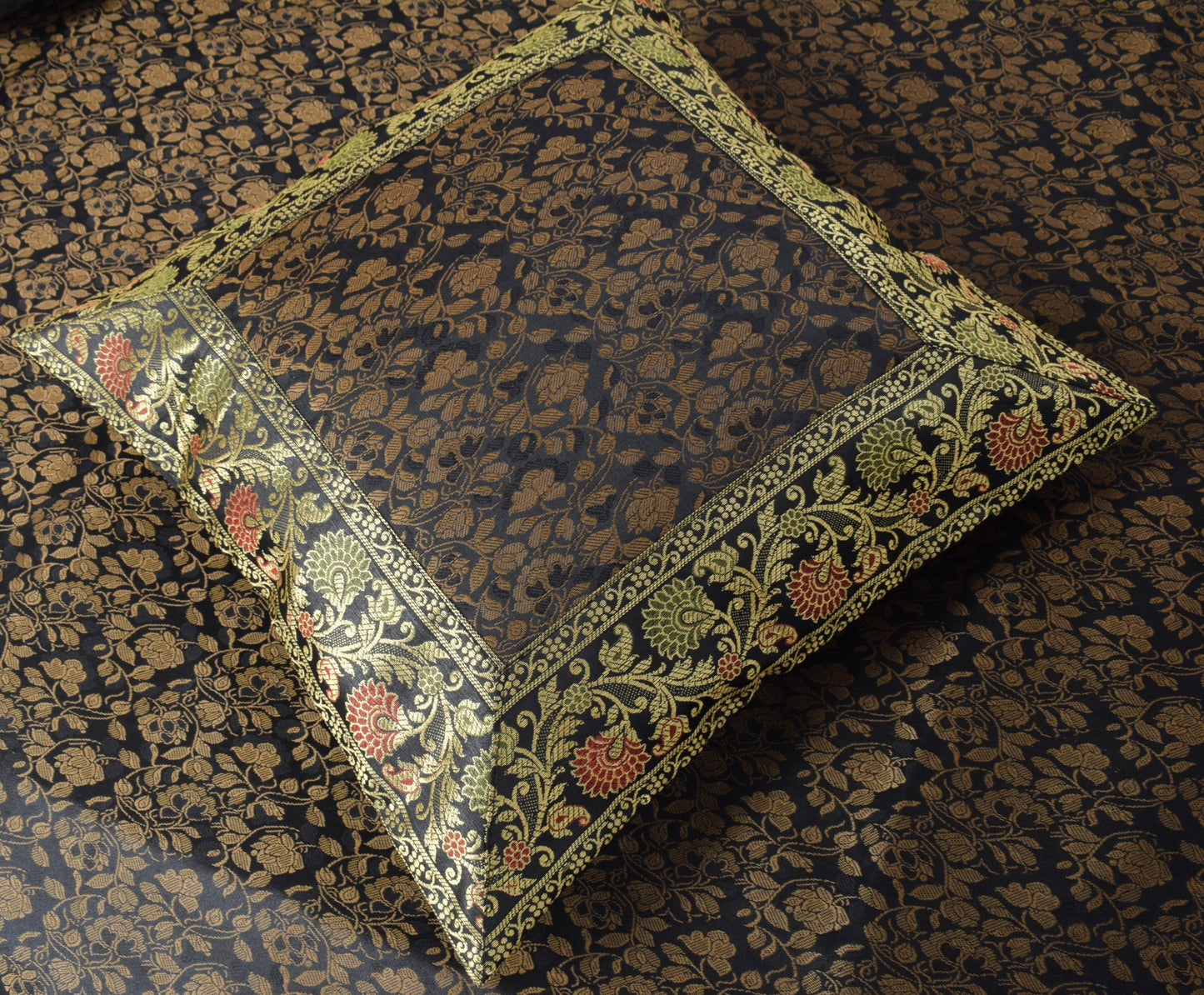 Banarasi Diwan Set Black Silk Zari Brocade Indian Gift Cushion & Bolster Cover