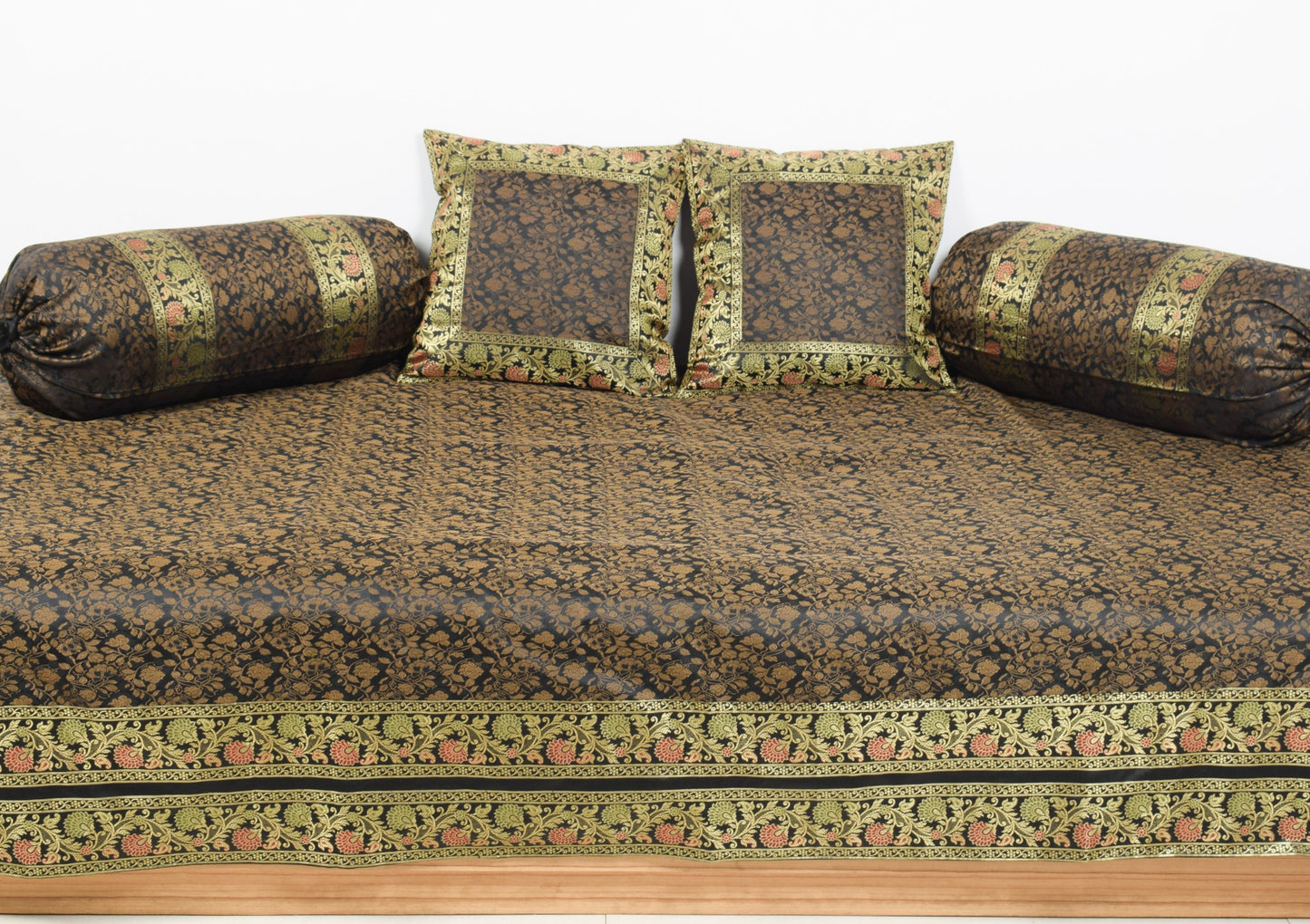 Banarasi Diwan Set Black Silk Zari Brocade Indian Gift Cushion & Bolster Cover