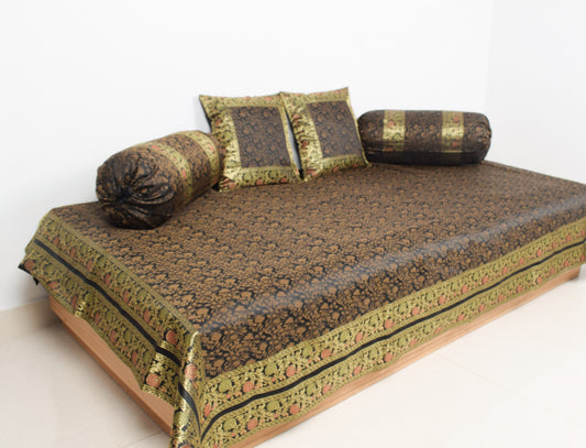 Banarasi Diwan Set Black Silk Zari Brocade Indian Gift Cushion & Bolster Cover