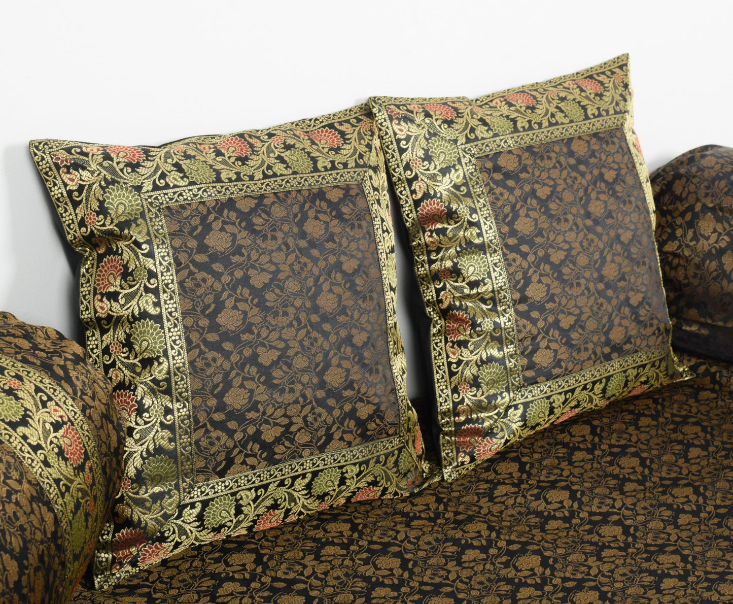 Banarasi Diwan Set Black Silk Zari Brocade Indian Gift Cushion & Bolster Cover