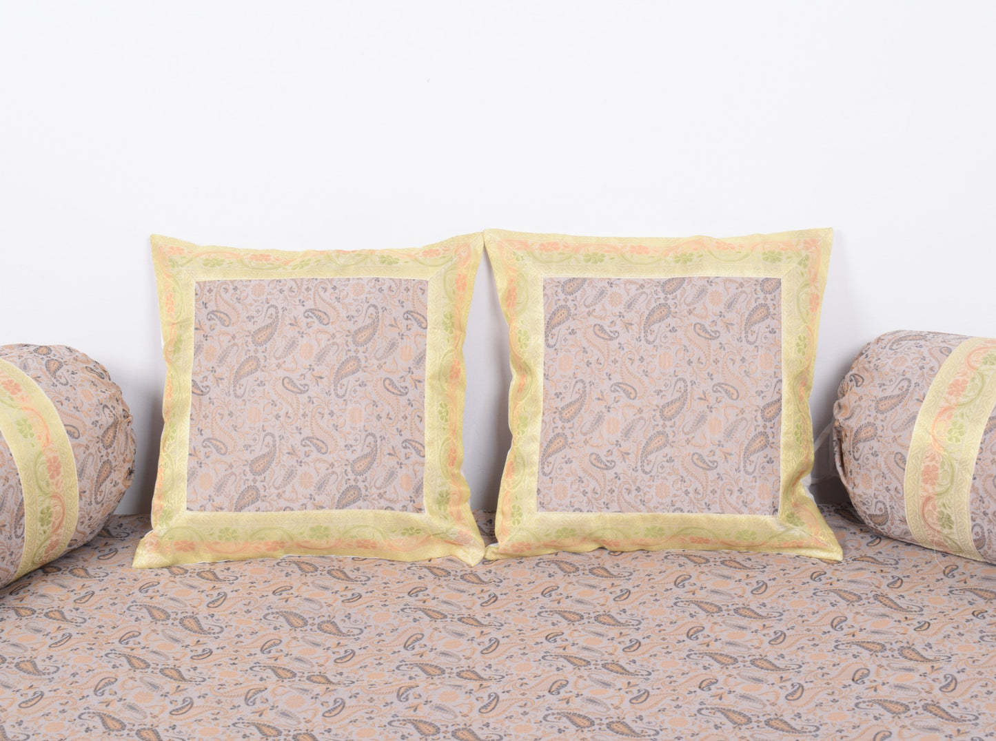 Off White Banarasi Diwan Set Silk Zari Brocade Indian Gift Cushion Bolster Cover