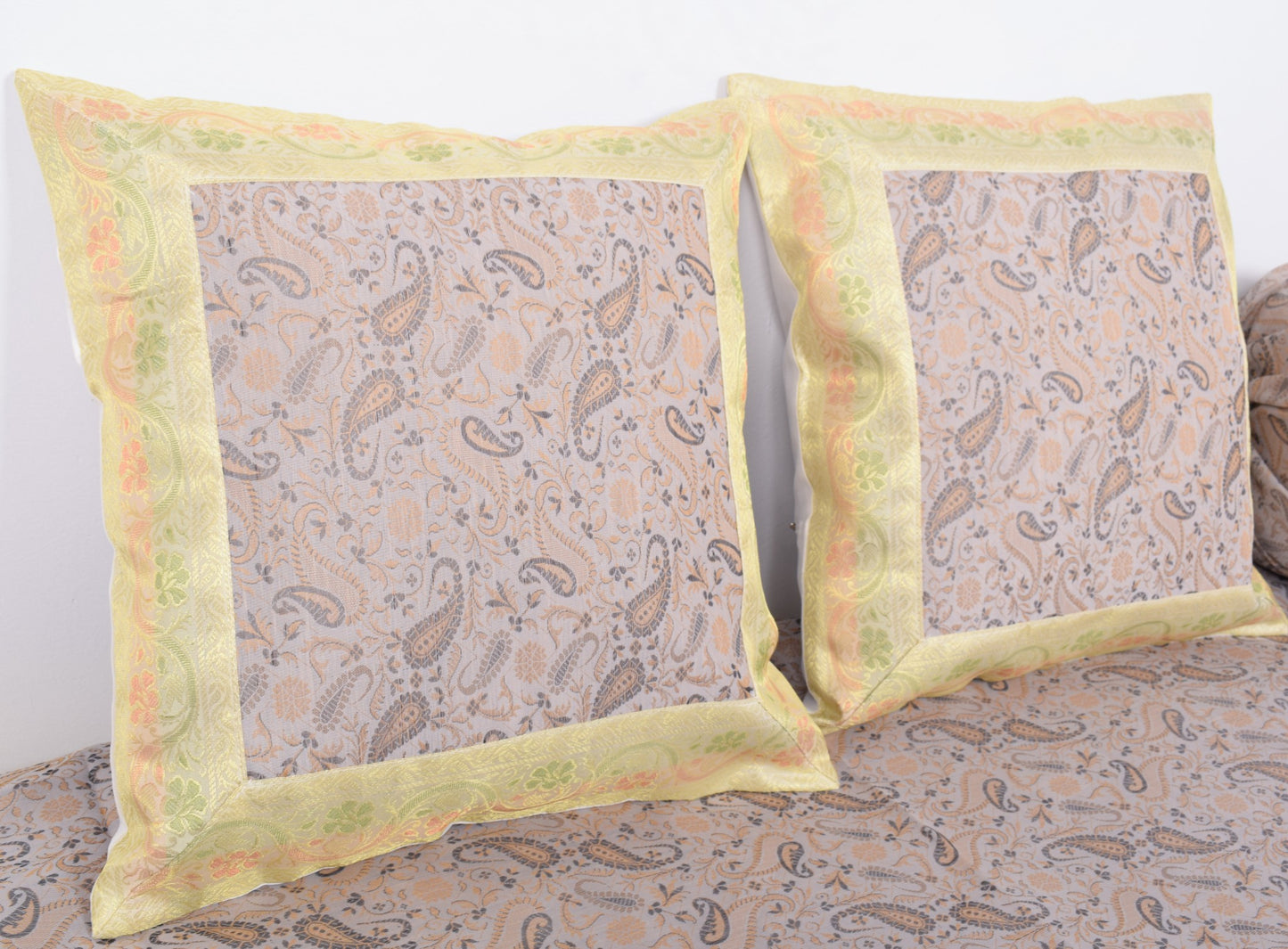 Off White Banarasi Diwan Set Silk Zari Brocade Indian Gift Cushion Bolster Cover