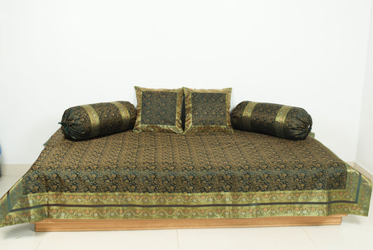 Banarasi Diwan Set Dark Green Silk Zari Brocade Indian Cushion & Bolster Cover