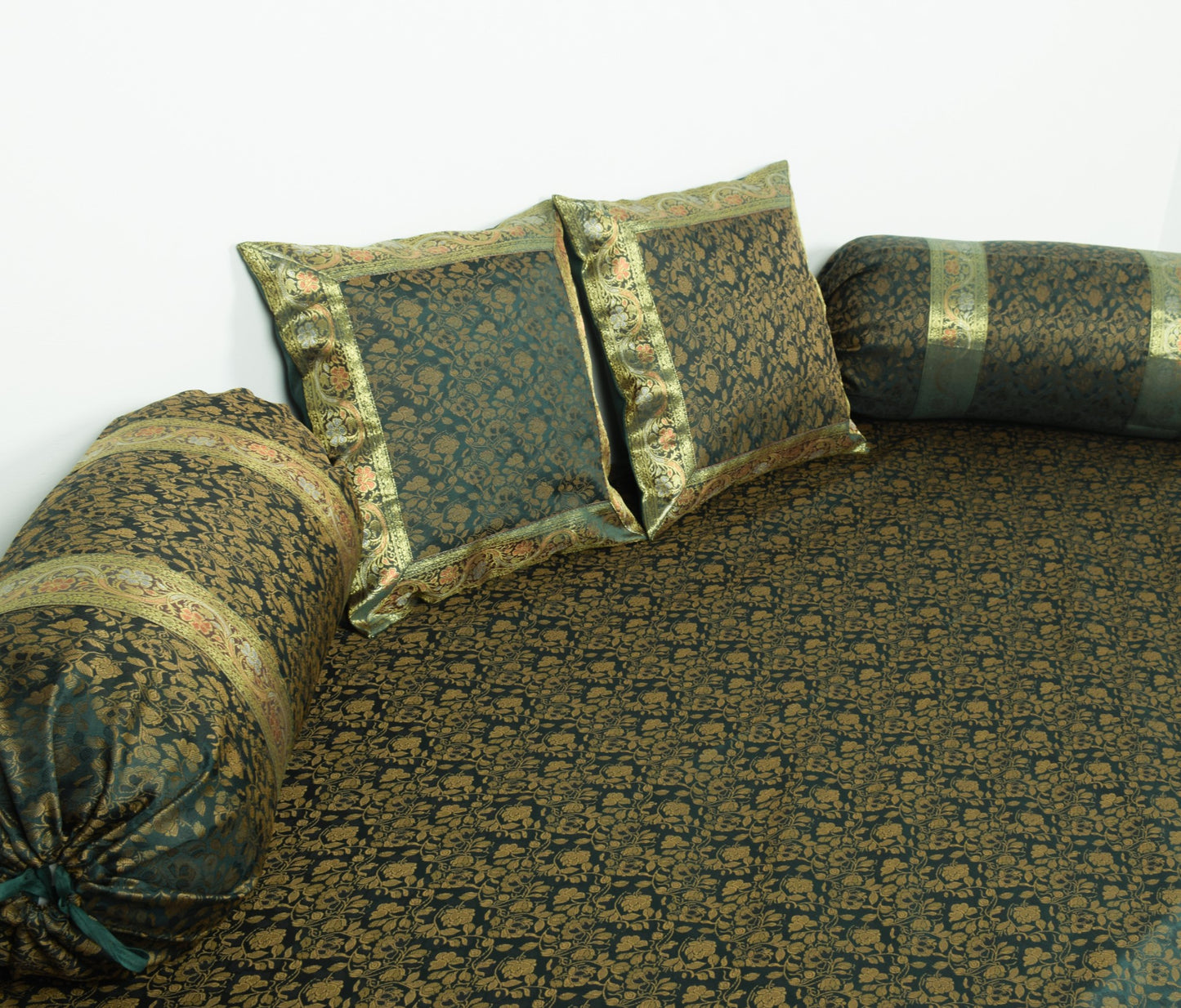 Banarasi Diwan Set Dark Green Silk Zari Brocade Indian Cushion & Bolster Cover