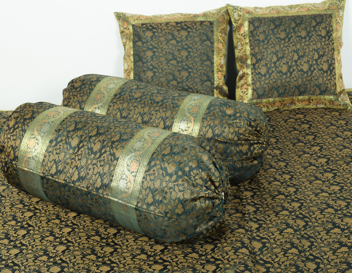 Banarasi Diwan Set Dark Green Silk Zari Brocade Indian Cushion & Bolster Cover