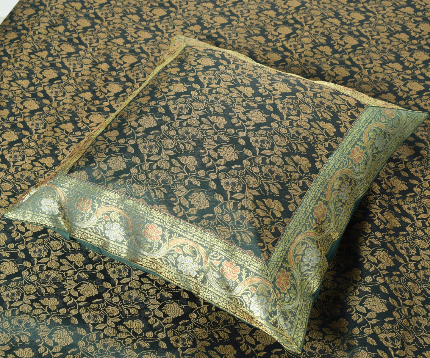 Banarasi Diwan Set Dark Green Silk Zari Brocade Indian Cushion & Bolster Cover