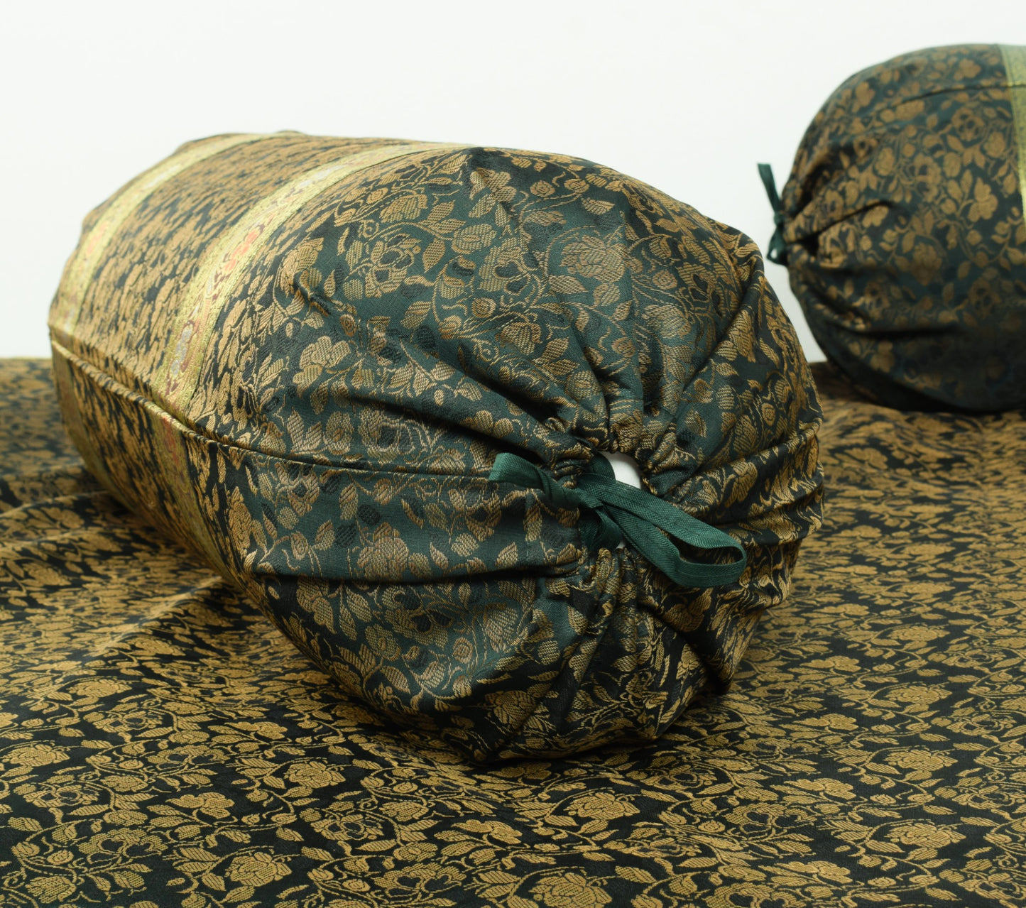 Banarasi Diwan Set Dark Green Silk Zari Brocade Indian Cushion & Bolster Cover