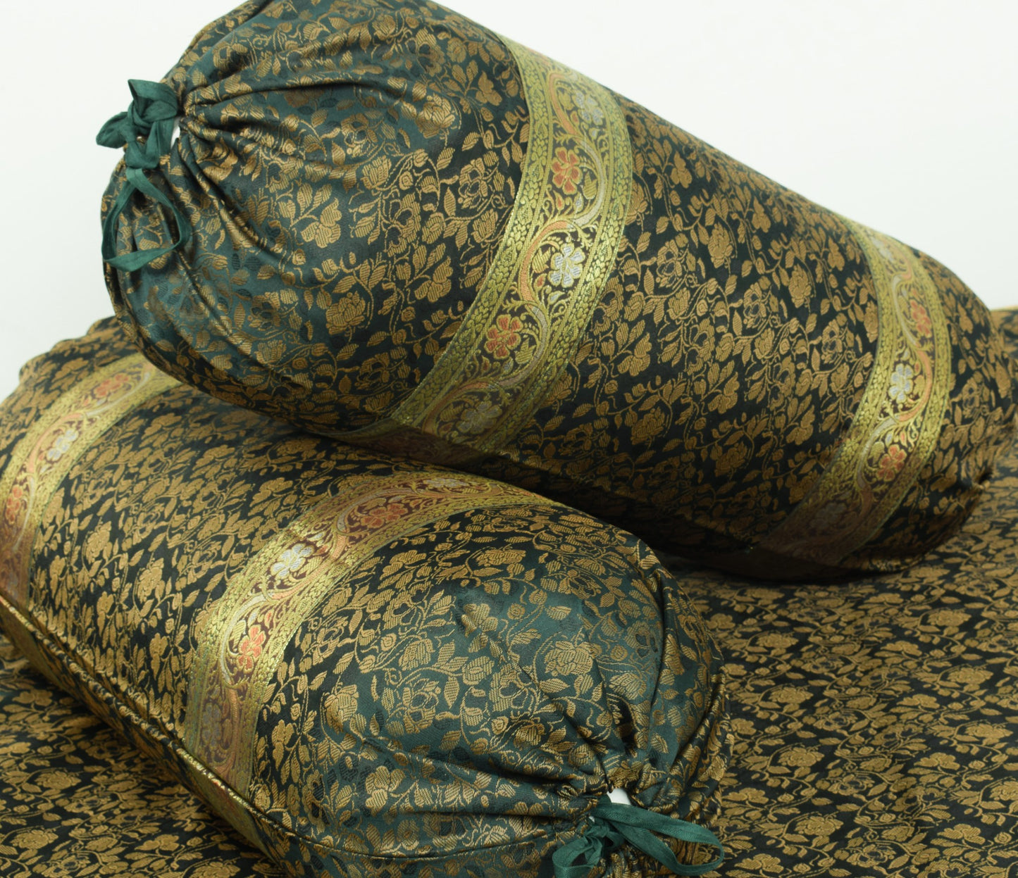 Banarasi Diwan Set Dark Green Silk Zari Brocade Indian Cushion & Bolster Cover