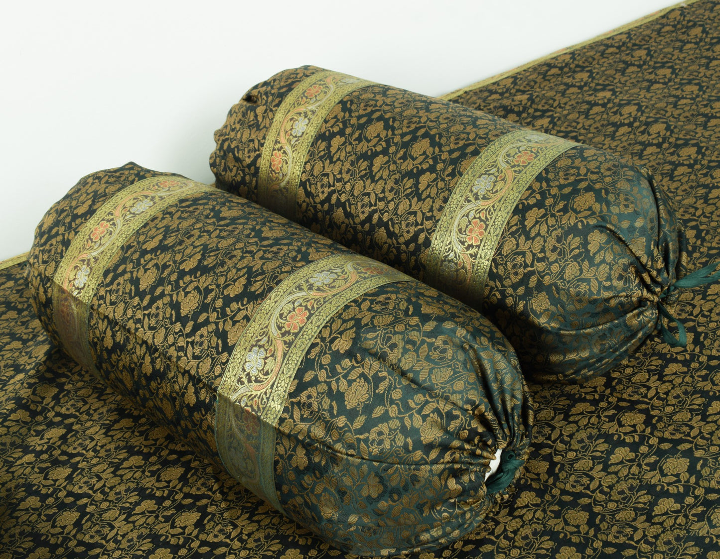Banarasi Diwan Set Dark Green Silk Zari Brocade Indian Cushion & Bolster Cover