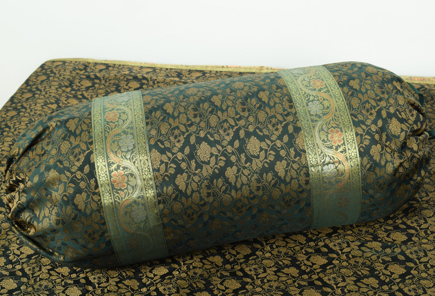 Banarasi Diwan Set Dark Green Silk Zari Brocade Indian Cushion & Bolster Cover