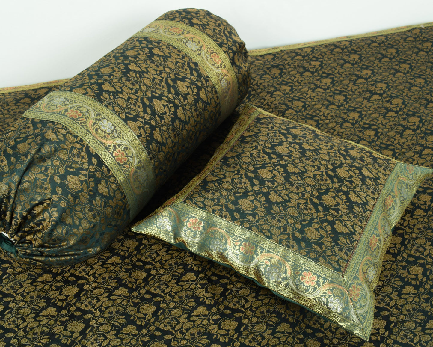 Banarasi Diwan Set Dark Green Silk Zari Brocade Indian Cushion & Bolster Cover