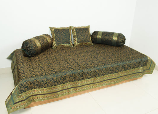 Banarasi Diwan Set Dark Green Silk Zari Brocade Indian Cushion & Bolster Cover