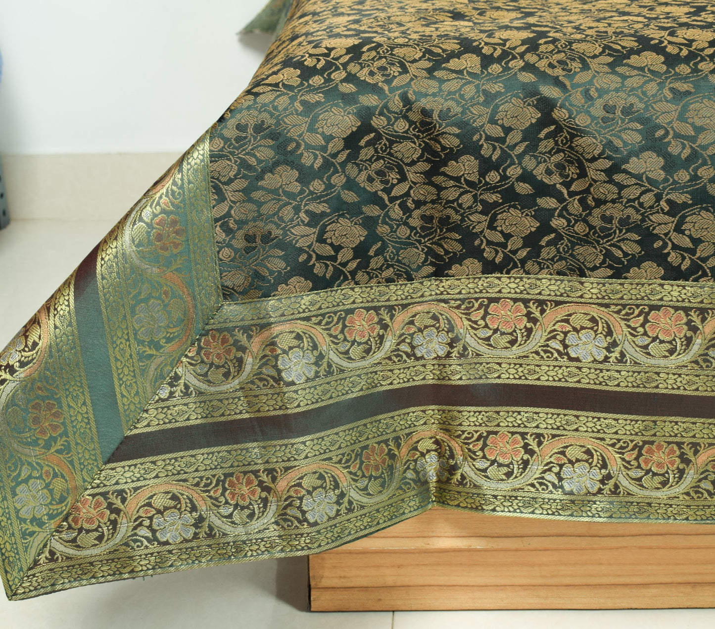 Banarasi Diwan Set Dark Green Silk Zari Brocade Indian Cushion & Bolster Cover
