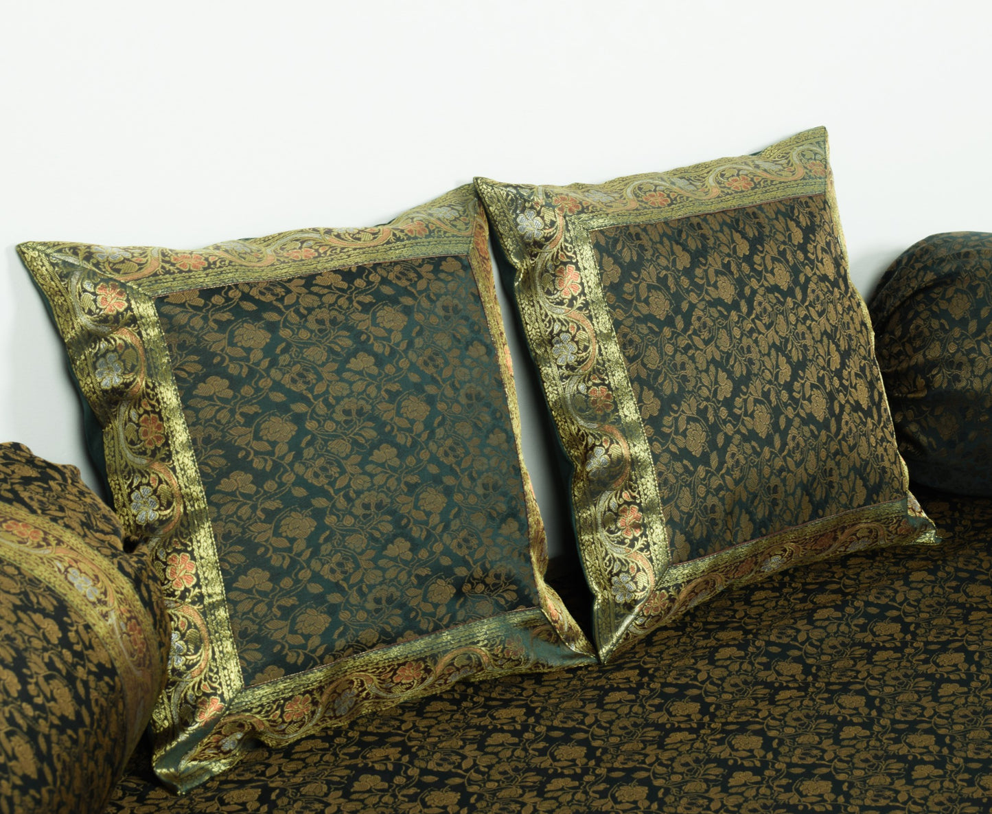 Banarasi Diwan Set Dark Green Silk Zari Brocade Indian Cushion & Bolster Cover