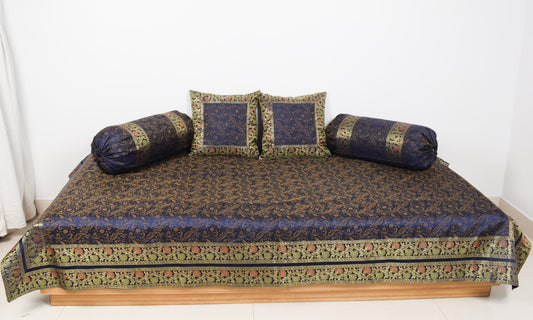 Dark Blue Diwan Set– Banarasi Silk Zari Brocade Indian Cushions & Bolster Cover