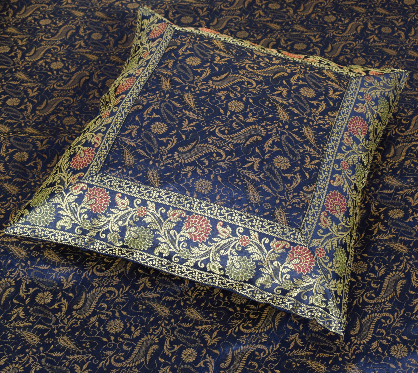 Dark Blue Diwan Set– Banarasi Silk Zari Brocade Indian Cushions & Bolster Cover