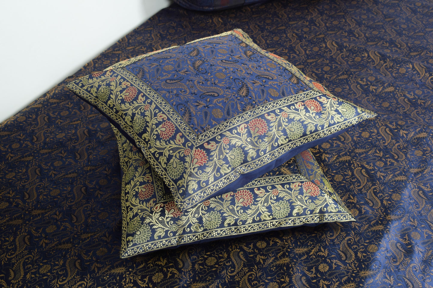 Dark Blue Diwan Set– Banarasi Silk Zari Brocade Indian Cushions & Bolster Cover