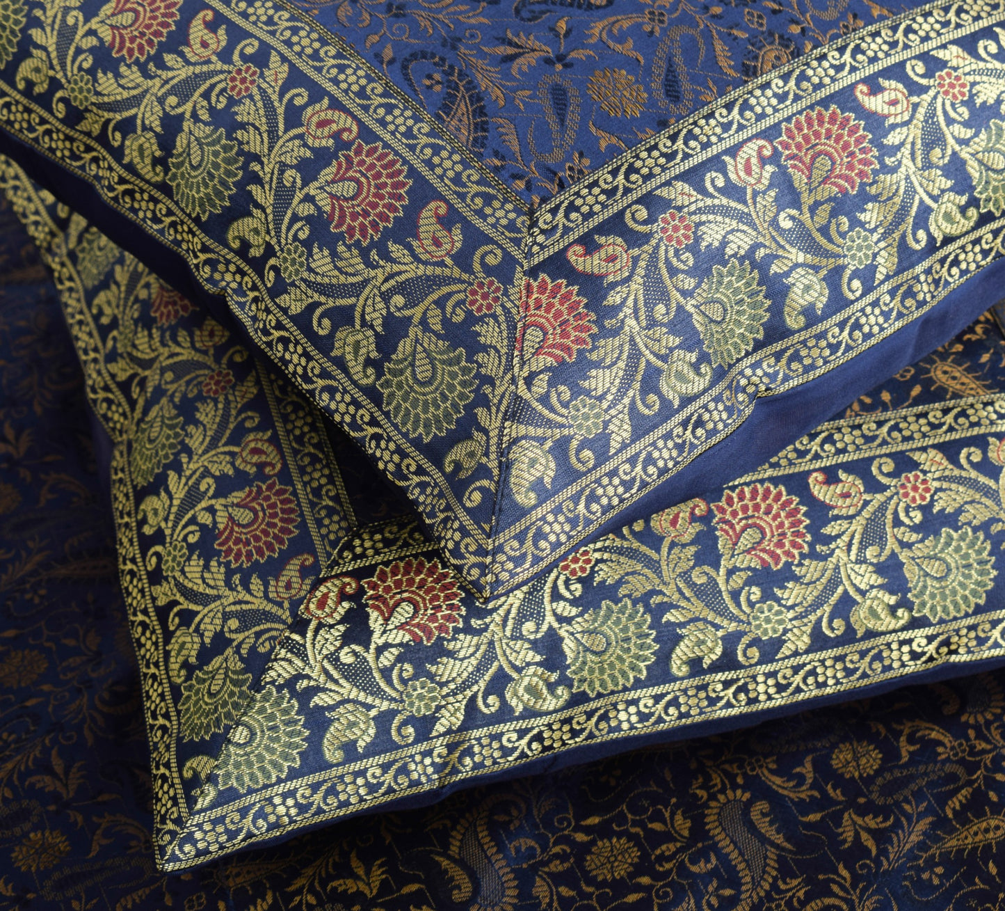 Dark Blue Diwan Set– Banarasi Silk Zari Brocade Indian Cushions & Bolster Cover