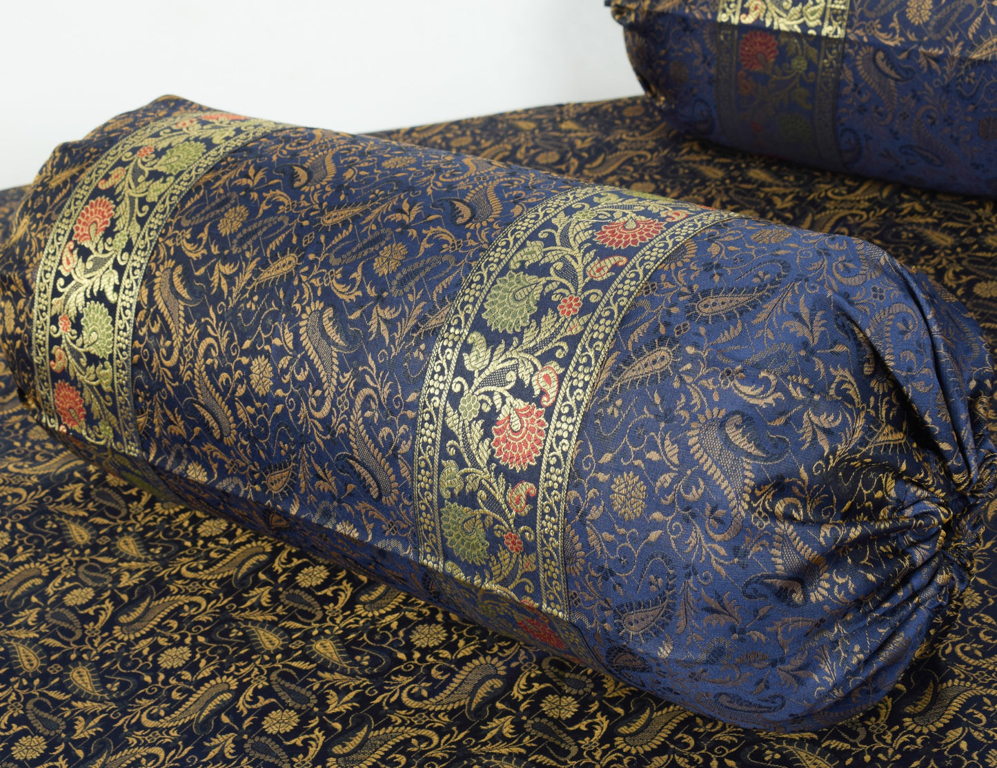 Dark Blue Diwan Set– Banarasi Silk Zari Brocade Indian Cushions & Bolster Cover