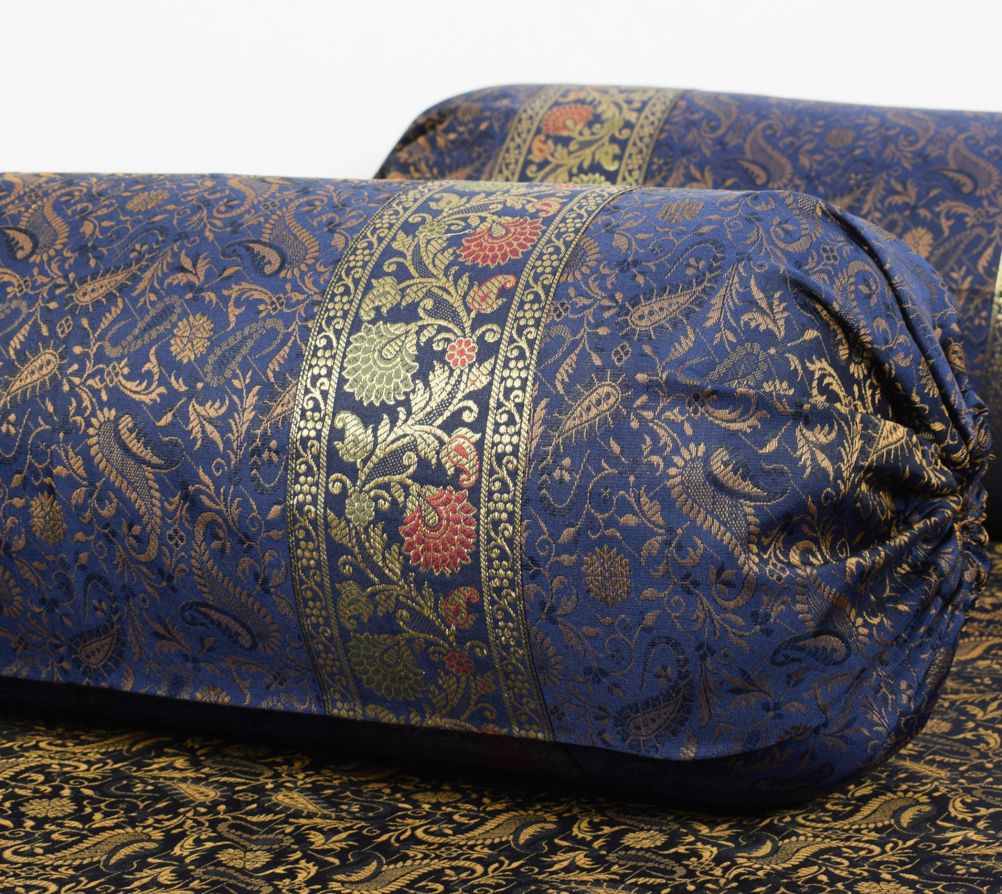 Dark Blue Diwan Set– Banarasi Silk Zari Brocade Indian Cushions & Bolster Cover