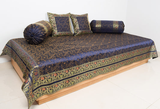 Dark Blue Diwan Set– Banarasi Silk Zari Brocade Indian Cushions & Bolster Cover
