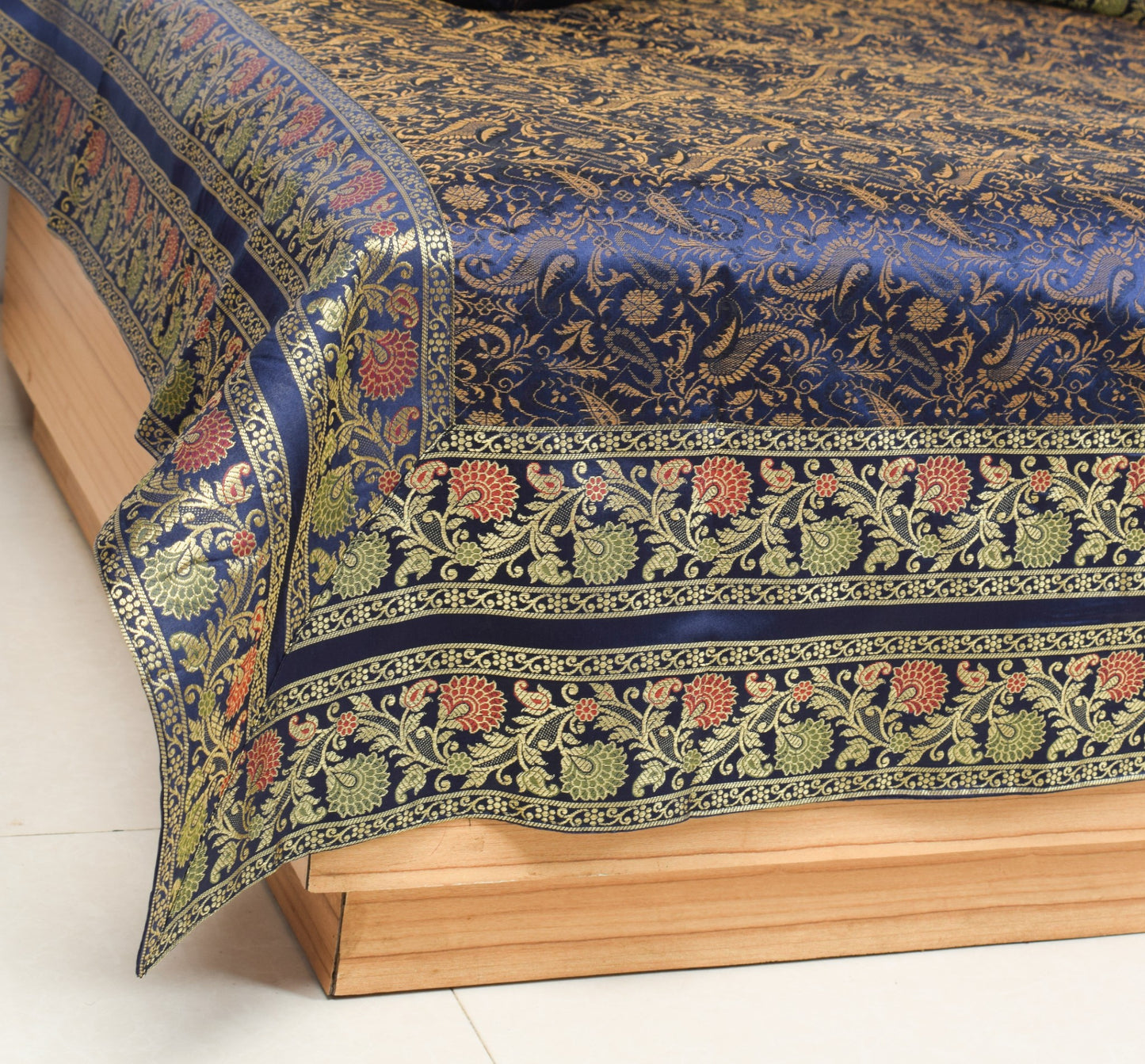 Dark Blue Diwan Set– Banarasi Silk Zari Brocade Indian Cushions & Bolster Cover