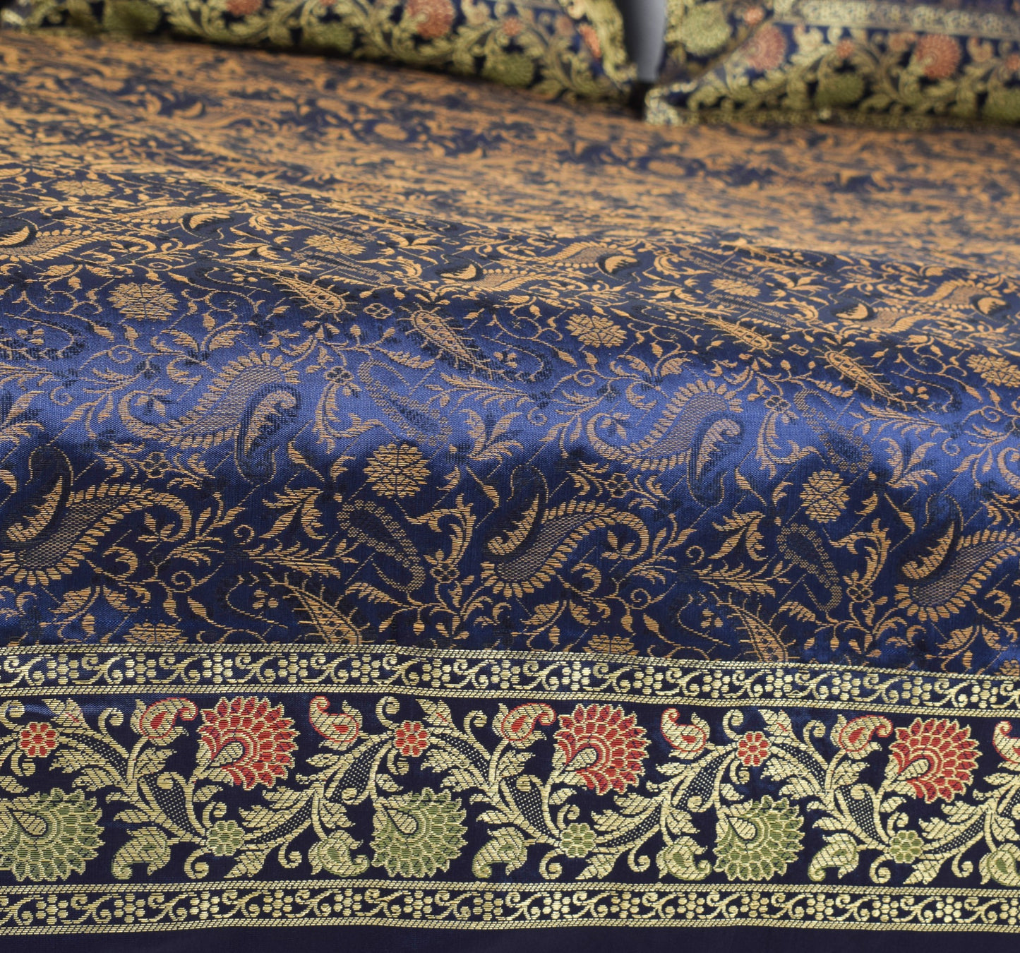 Dark Blue Diwan Set– Banarasi Silk Zari Brocade Indian Cushions & Bolster Cover