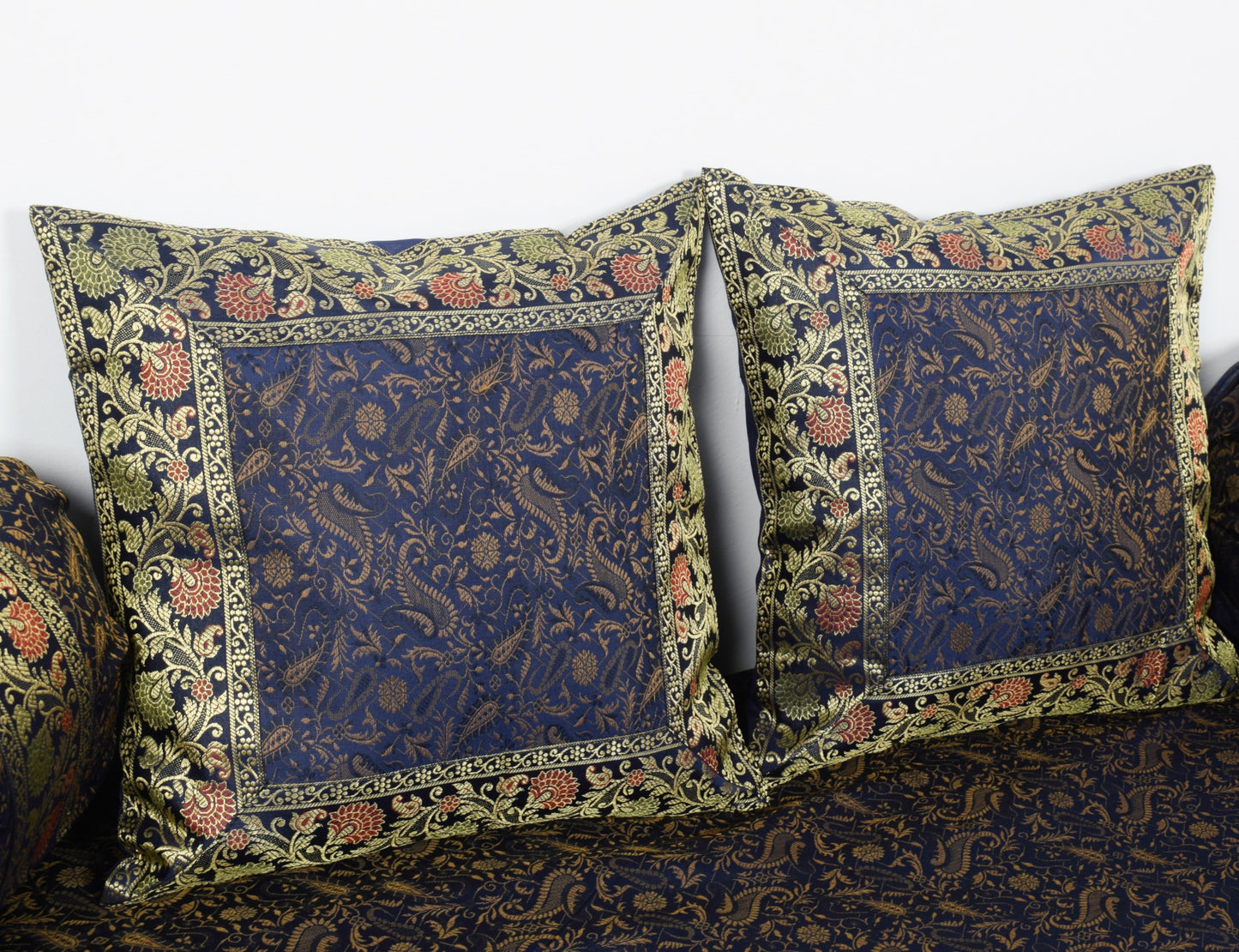 Dark Blue Diwan Set– Banarasi Silk Zari Brocade Indian Cushions & Bolster Cover