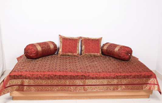 Maroon 5P Diwan Set– Banarasi Silk Zari Brocade Indian Cushions & Bolster Cover