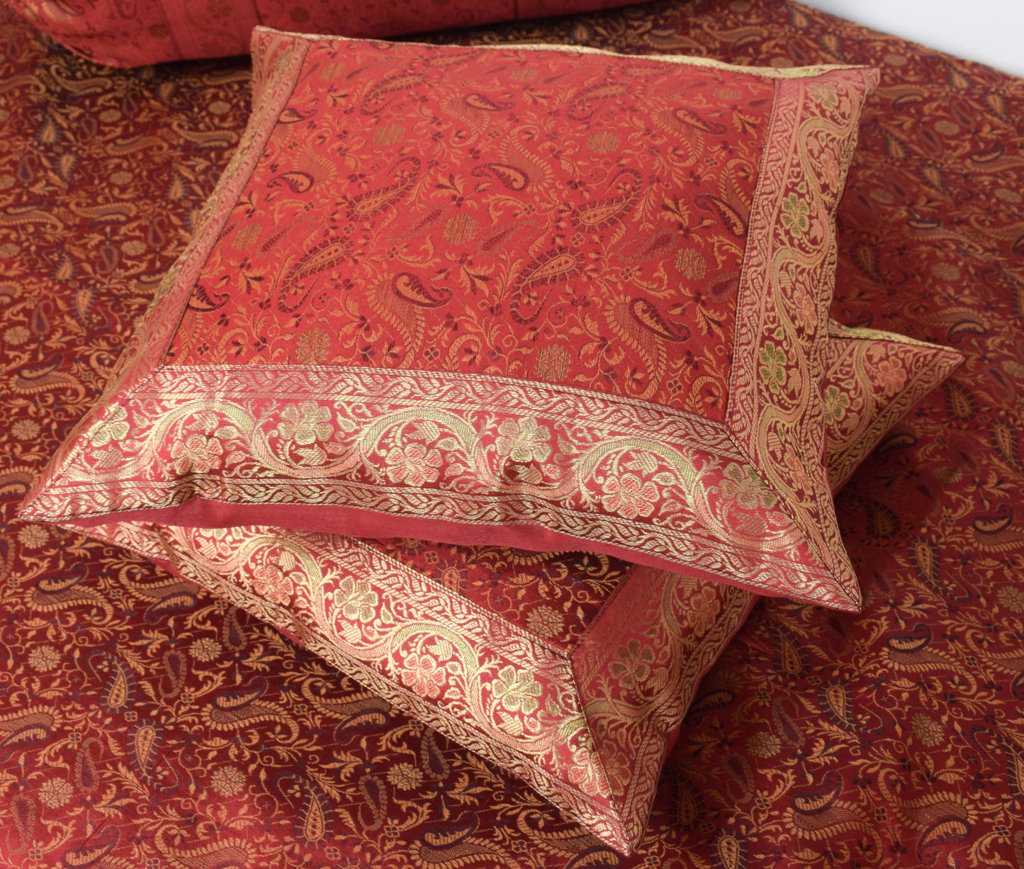 Maroon 5P Diwan Set– Banarasi Silk Zari Brocade Indian Cushions & Bolster Cover