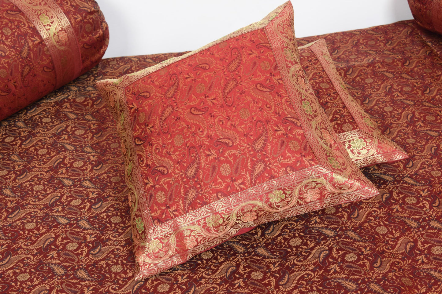 Maroon 5P Diwan Set– Banarasi Silk Zari Brocade Indian Cushions & Bolster Cover