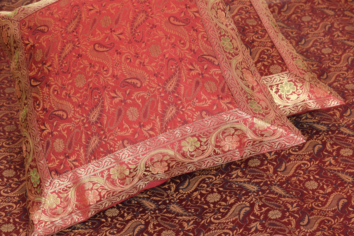 Maroon 5P Diwan Set– Banarasi Silk Zari Brocade Indian Cushions & Bolster Cover