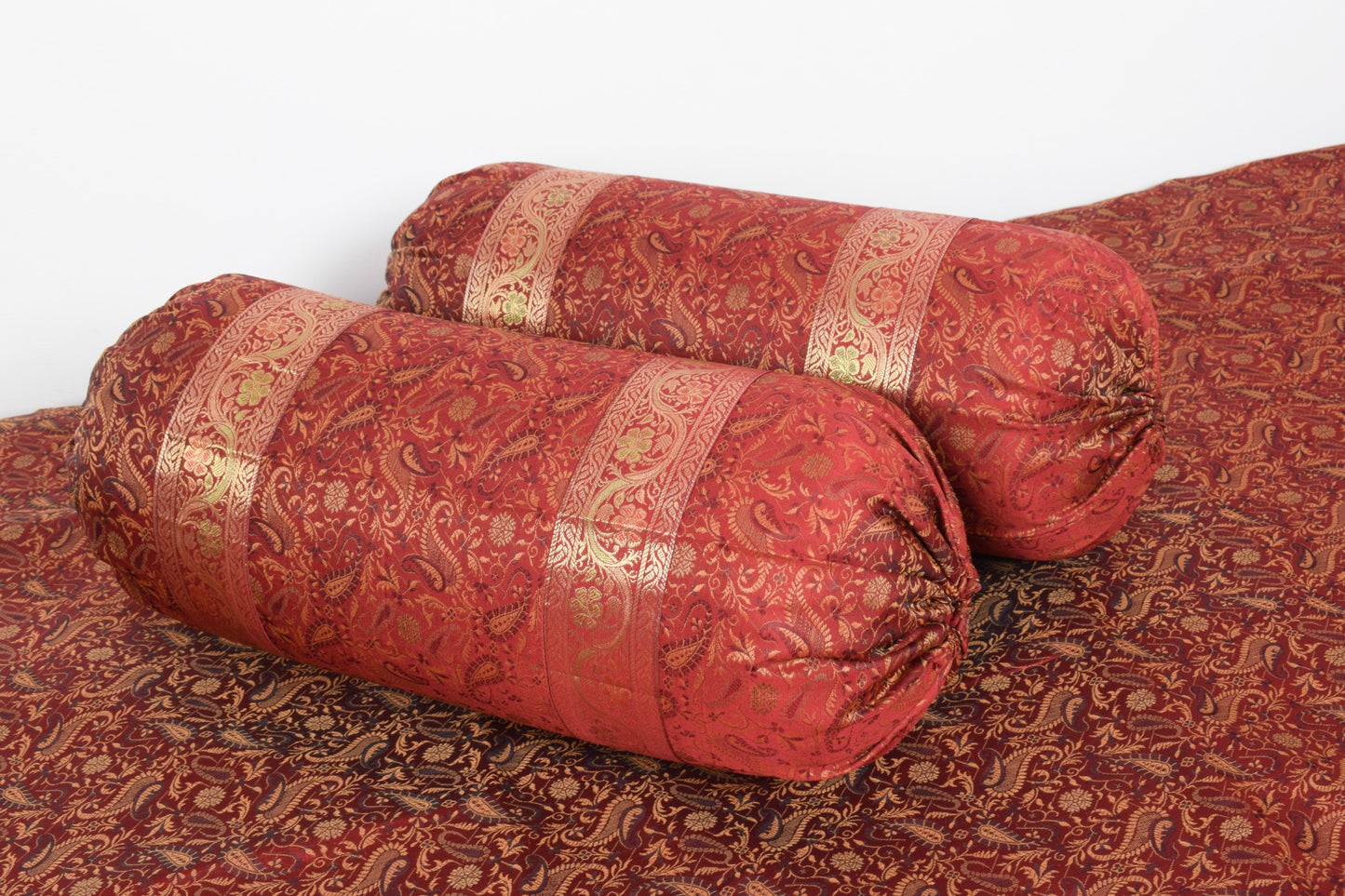 Maroon 5P Diwan Set– Banarasi Silk Zari Brocade Indian Cushions & Bolster Cover