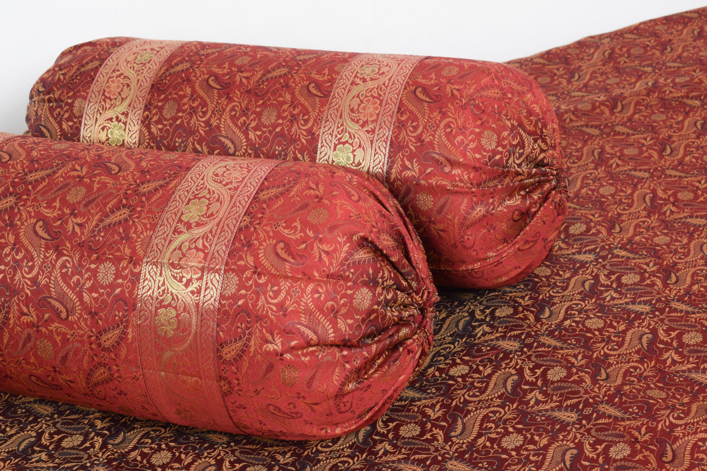 Maroon 5P Diwan Set– Banarasi Silk Zari Brocade Indian Cushions & Bolster Cover