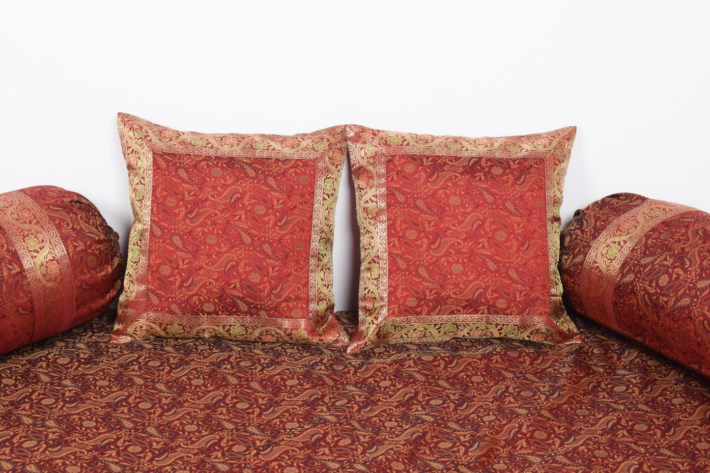 Maroon 5P Diwan Set– Banarasi Silk Zari Brocade Indian Cushions & Bolster Cover
