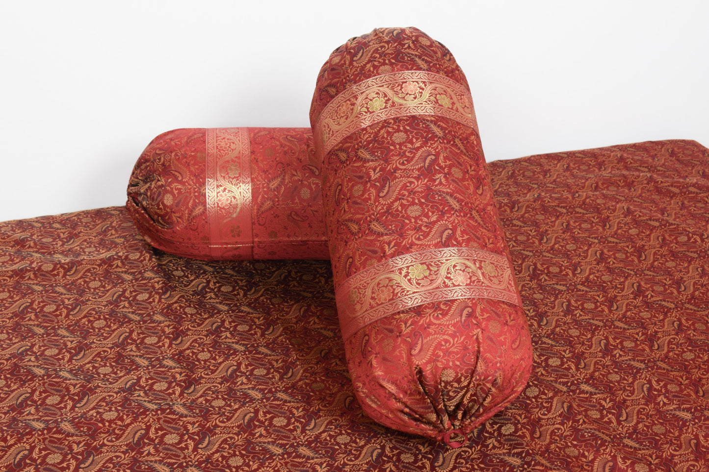 Maroon 5P Diwan Set– Banarasi Silk Zari Brocade Indian Cushions & Bolster Cover