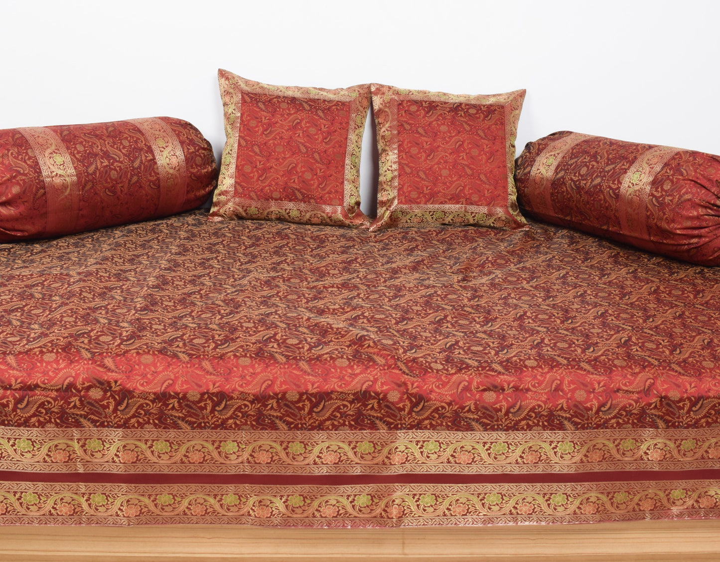 Maroon 5P Diwan Set– Banarasi Silk Zari Brocade Indian Cushions & Bolster Cover