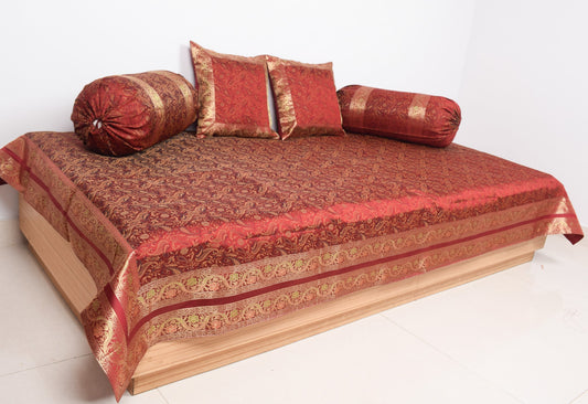 Maroon 5P Diwan Set– Banarasi Silk Zari Brocade Indian Cushions & Bolster Cover