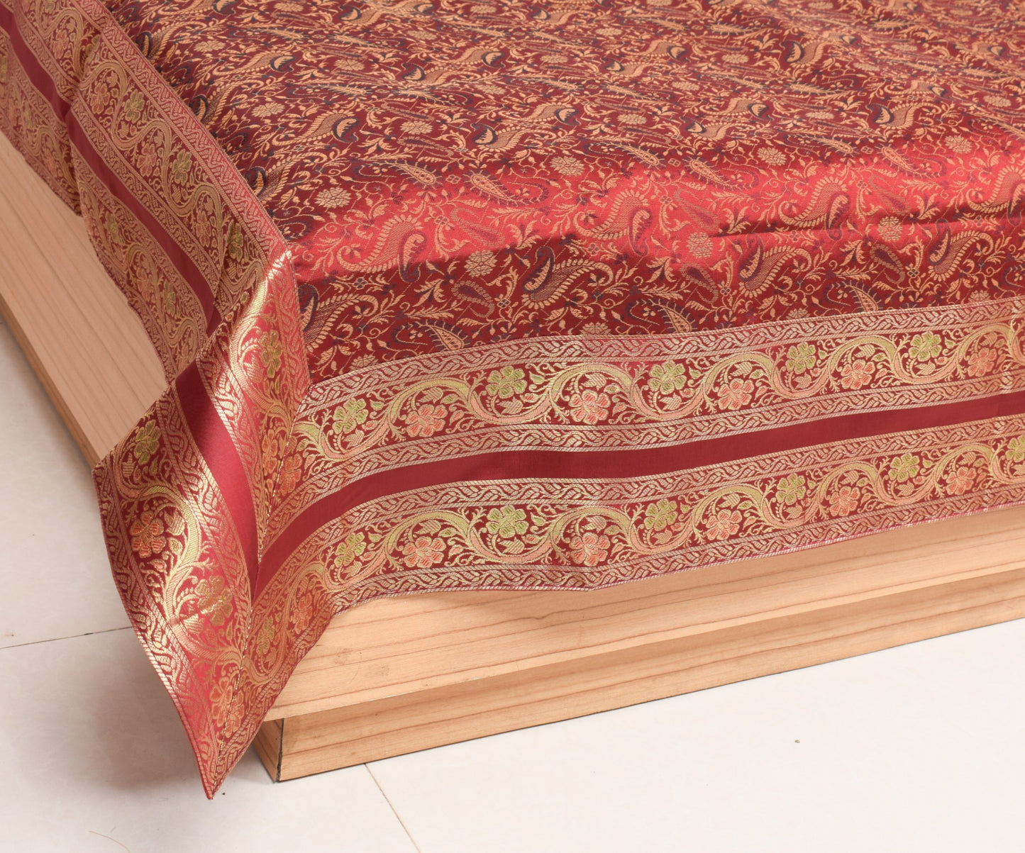 Maroon 5P Diwan Set– Banarasi Silk Zari Brocade Indian Cushions & Bolster Cover
