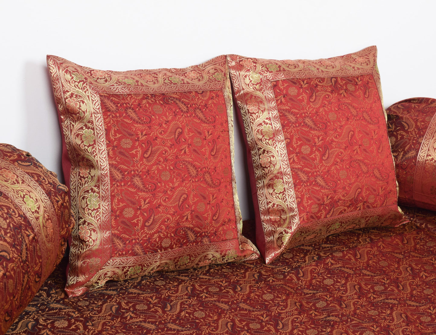 Maroon 5P Diwan Set– Banarasi Silk Zari Brocade Indian Cushions & Bolster Cover