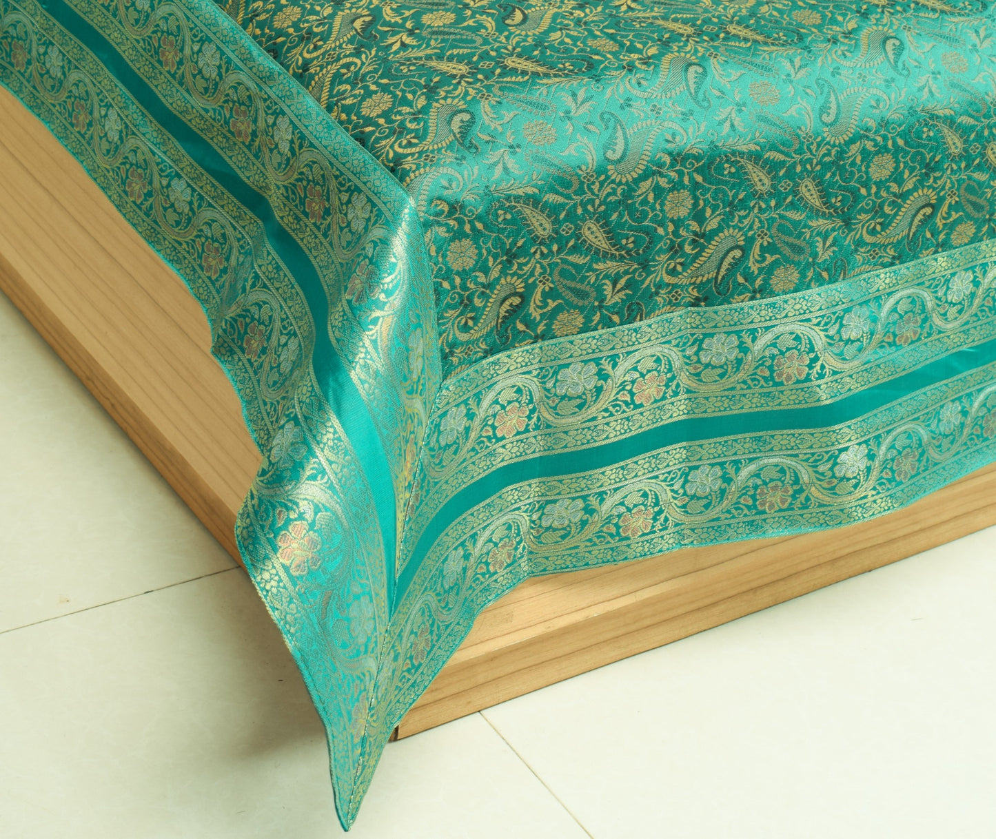 Teal Green Banarasi Diwan Set– Silk Zari Brocade Indian Cushions & Bolster Cover