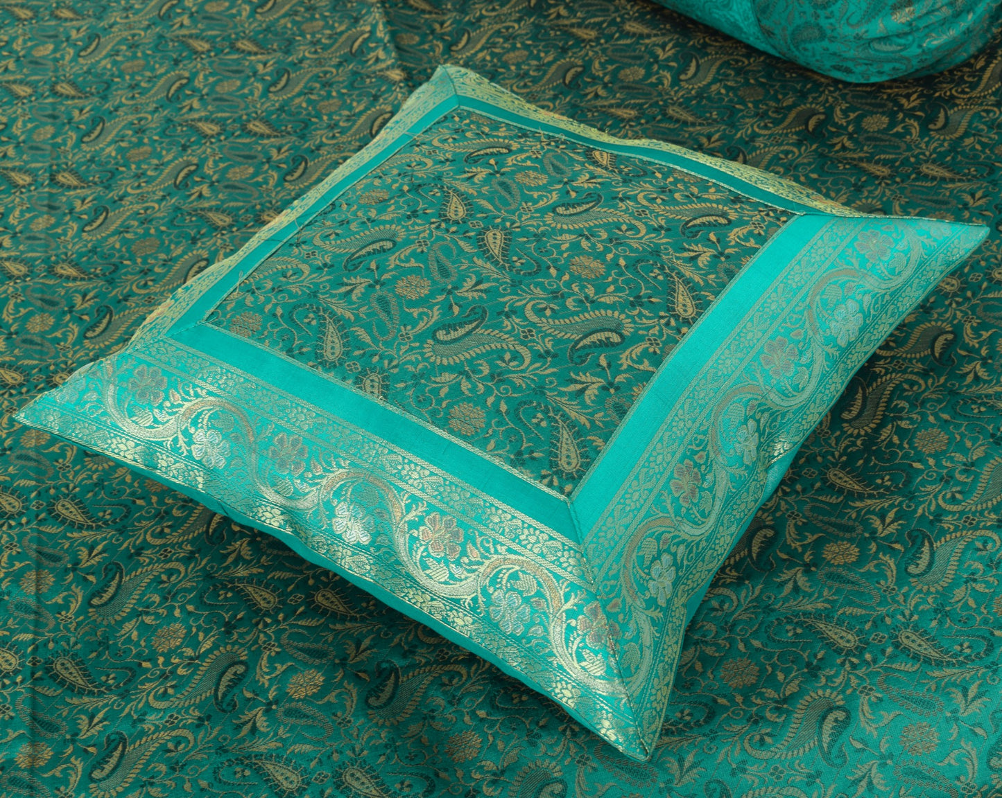 Teal Green Banarasi Diwan Set– Silk Zari Brocade Indian Cushions & Bolster Cover