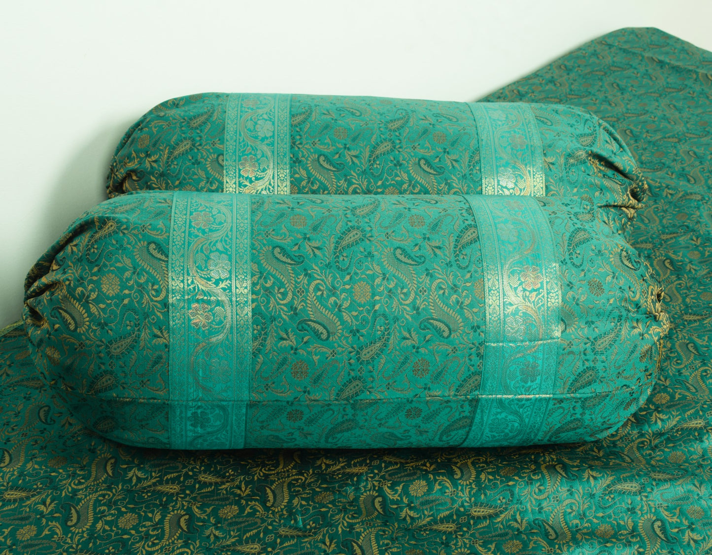 Teal Green Banarasi Diwan Set– Silk Zari Brocade Indian Cushions & Bolster Cover